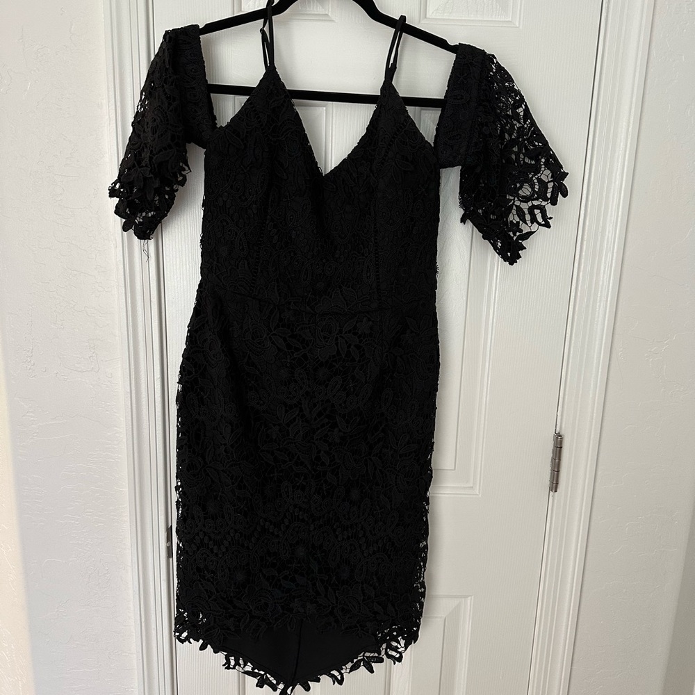Adelyn Rae Black Lace Cold-Shoulder Mini Dress